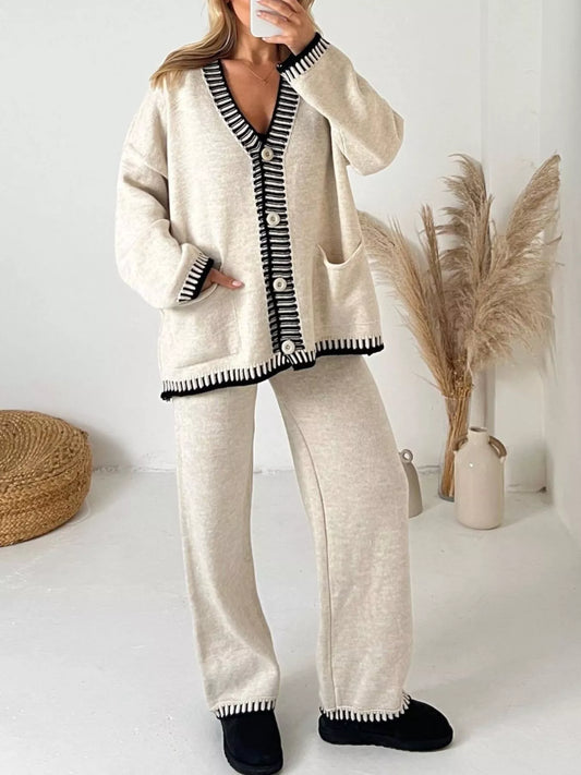 Button Up V-Neck Cardigan and Pants Sweater Set