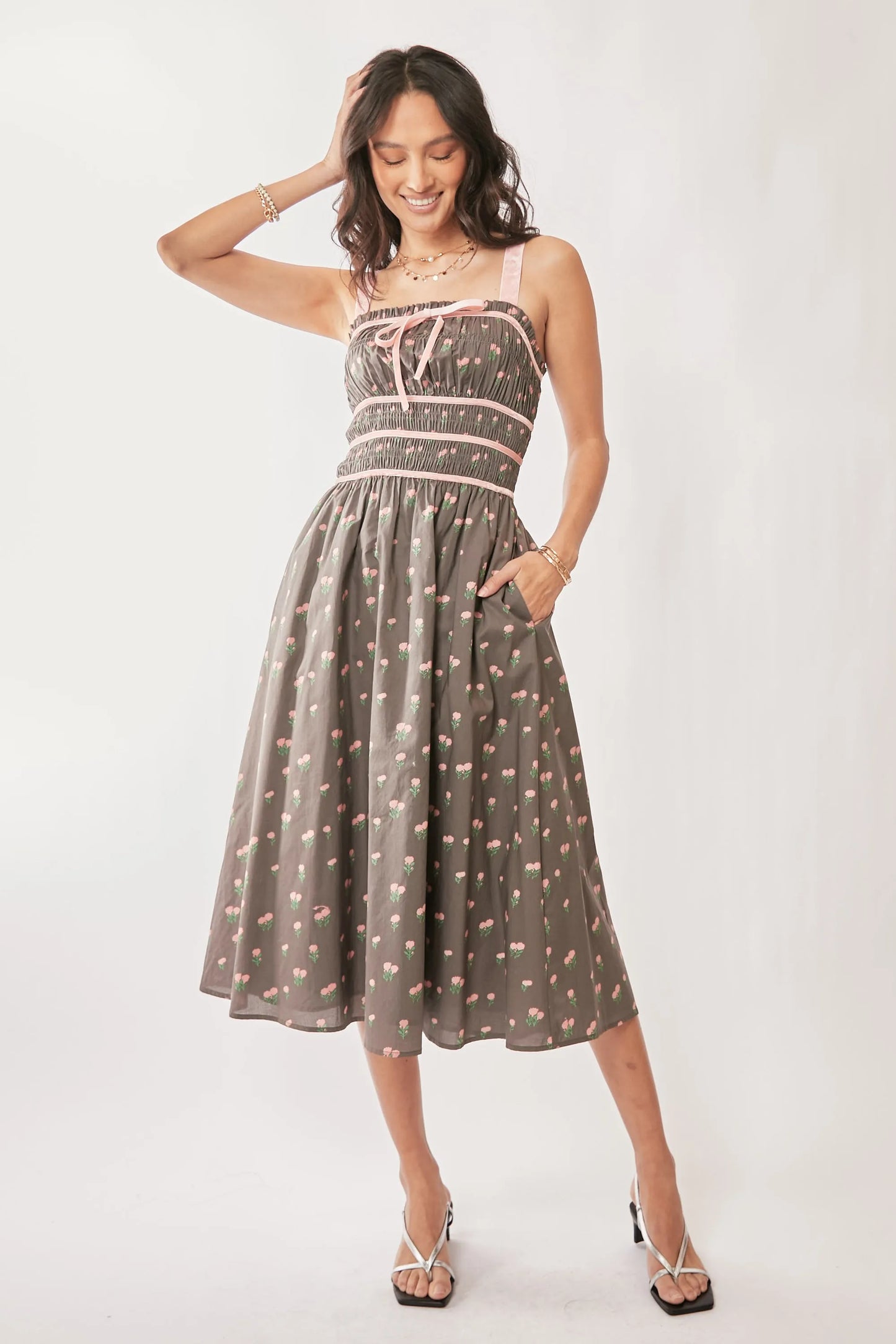 Davi & Dani Contrast Velvet Tape Smocking Bodice Midi Dress