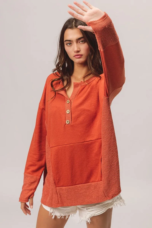 BiBi French Terry Knit Side Block Buttoned Henley Top