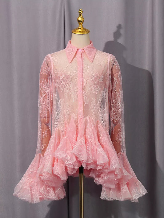 Ruffled Hem Lace Long Sleeve Dress