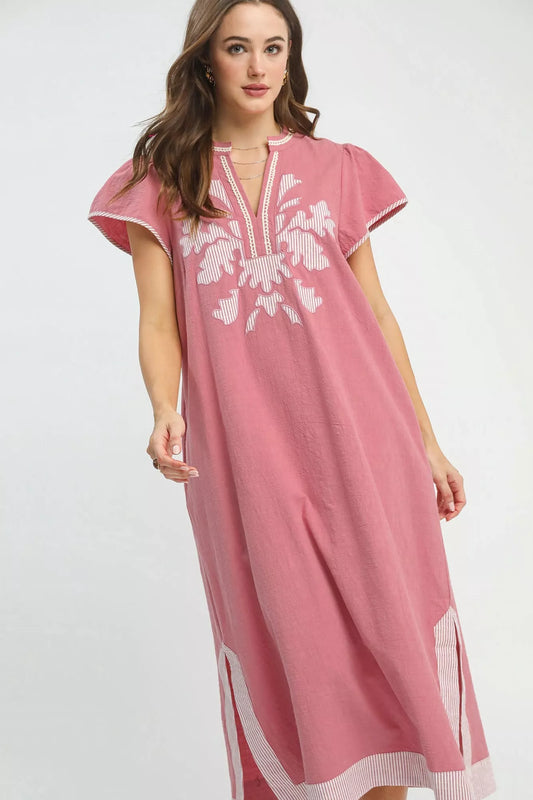 Umgee Embroidered Floral Short Sleeve Midi Dress with Contrast Trim