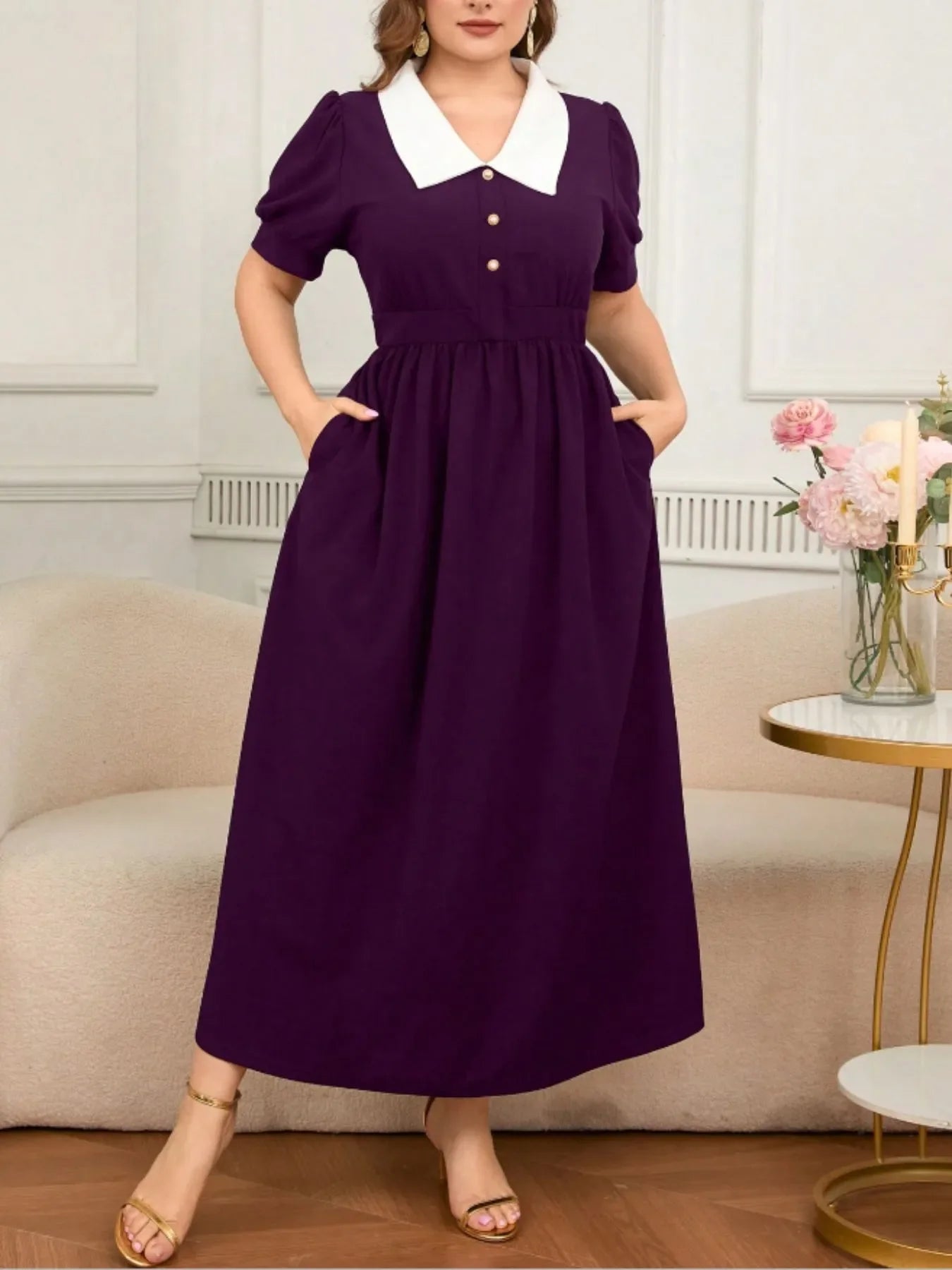 Plus Size Contrast Collar Short Sleeve Dress