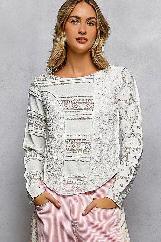 POL Round Neck Long Sleeve Exposed Seam Top with Lace Detail