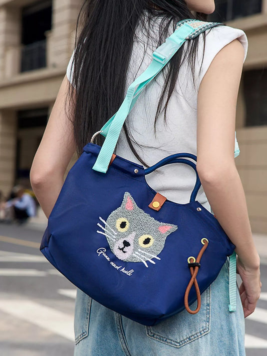 Embroidered Cat Tote Bag with Adjustable Shoulder Strap