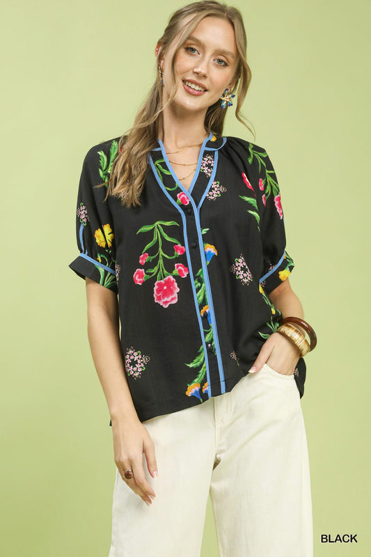 Umgee Botanical Print Contrast Trim Button Blouse