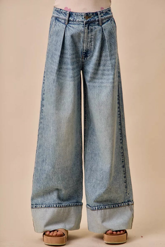 SO ME Mid Rise Plated Wid Leg Denim Jean