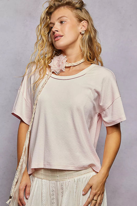 POL Round Neck Short Sleeve T-Shirt with High Low Hem