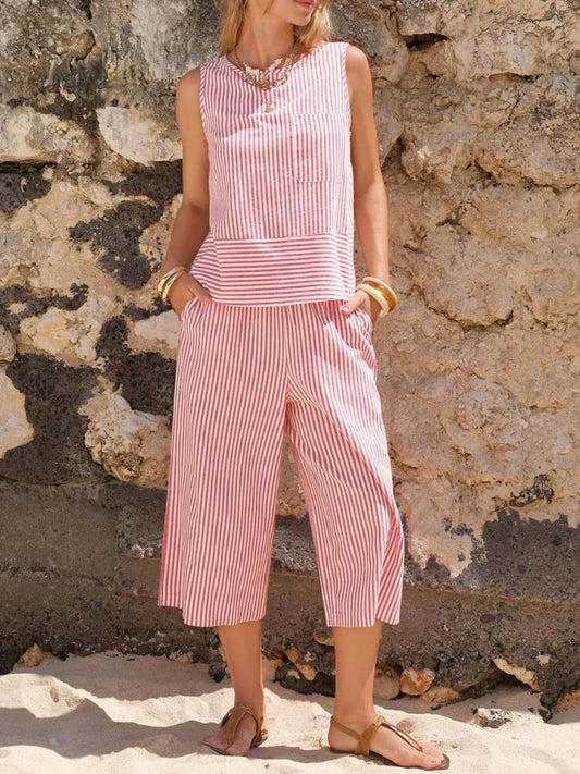 Striped Sleeveless Top and Cropped Pants Set