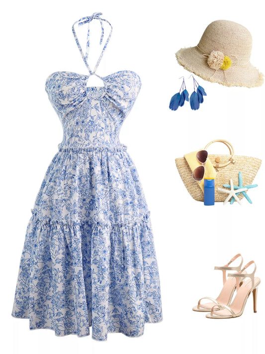Floral Print Halter Neck Ruffle Hem Summer Dress