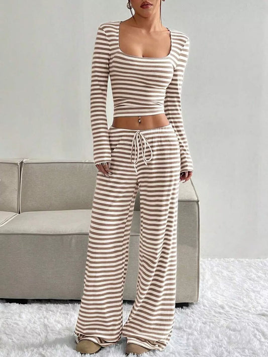 Striped Long Sleeve Crop Top and Wide Leg Pants Set