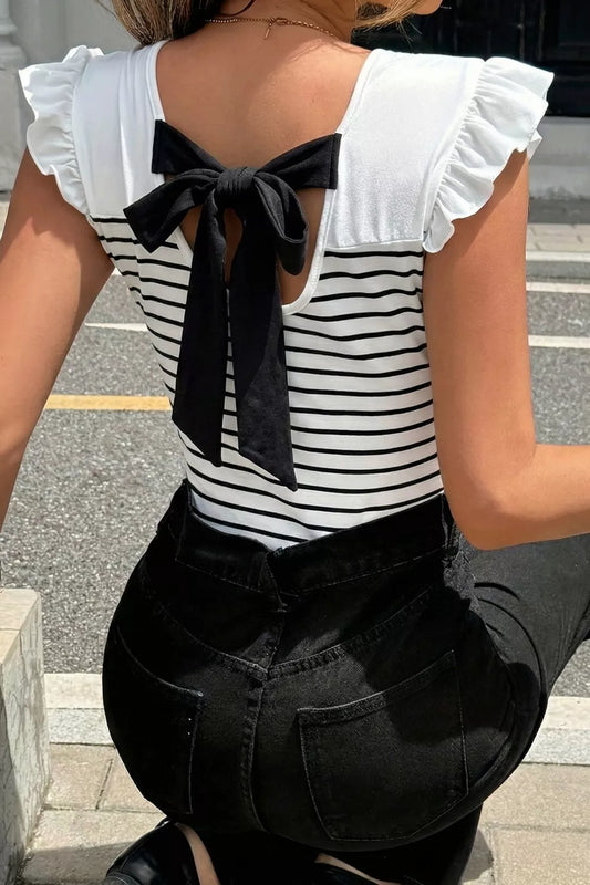 Stripe Contrast Knot Back Ruffle Trim Tank Top
