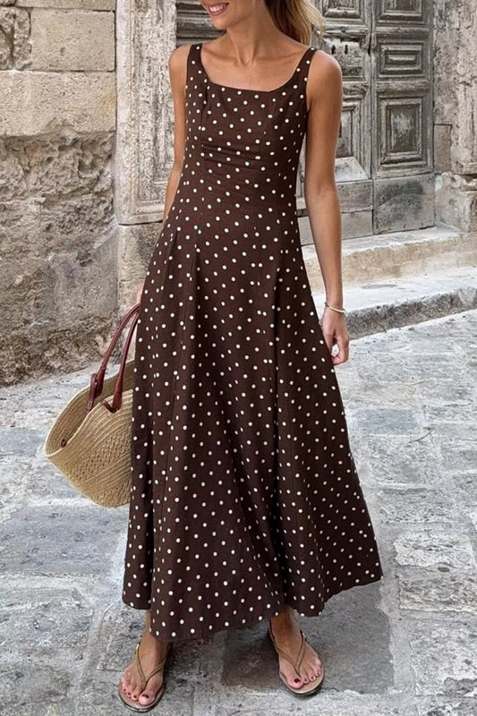 Polka Dot Print Square Neck Sleeveless Vacation Maxi Dress