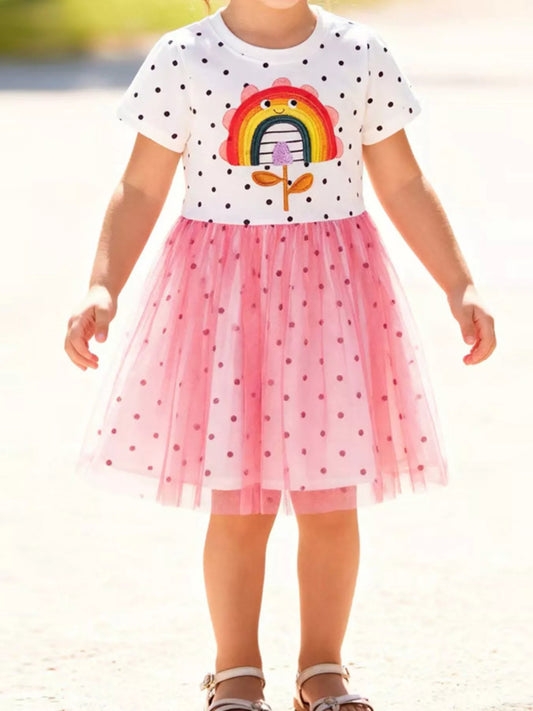 Children's Rainbow Flower Polka Dot Tulle Dress