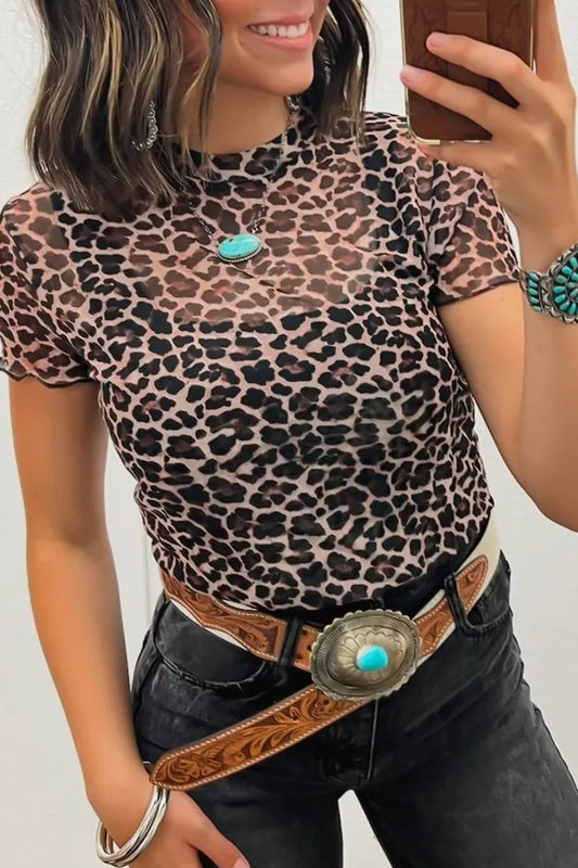 Leopard Print Sheer Mesh Short Sleeve Top