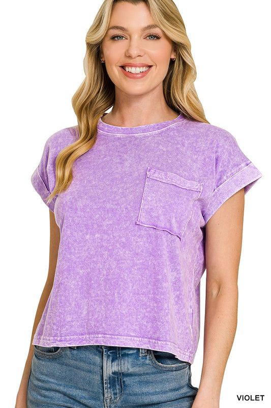 Zenana Halo Snow Washed Cotton Cuffed Short Sleeve Top