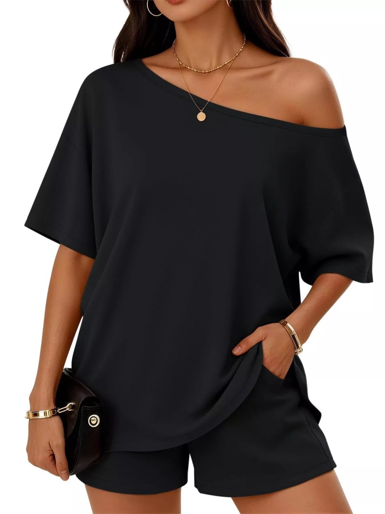 Full Size Boat Neck Tee and Shorts Set Plus Size