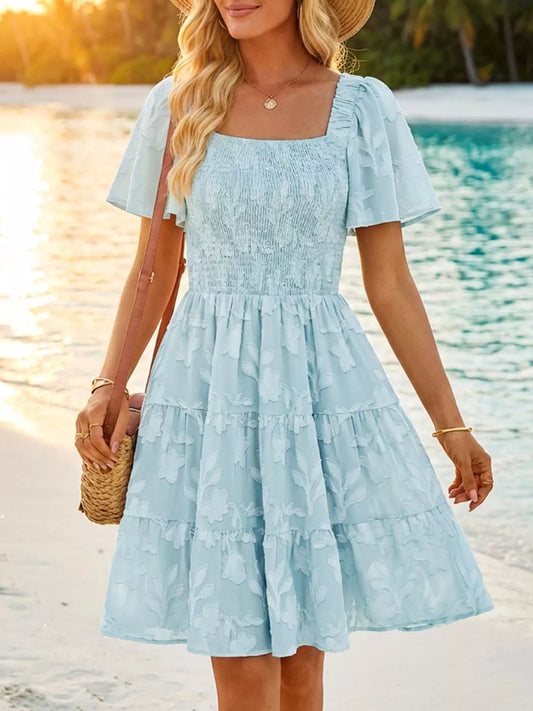 Smocked Square Neck Tiered Mini Dress