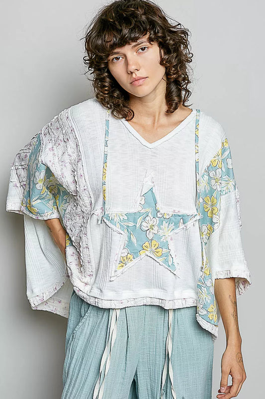 POL Floral Star Patch Hooded Blouse with Lace Contrast Detail