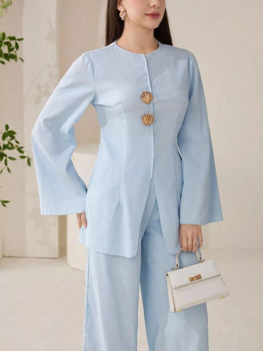 Shell Button Long Sleeve Shirt and Pants Set