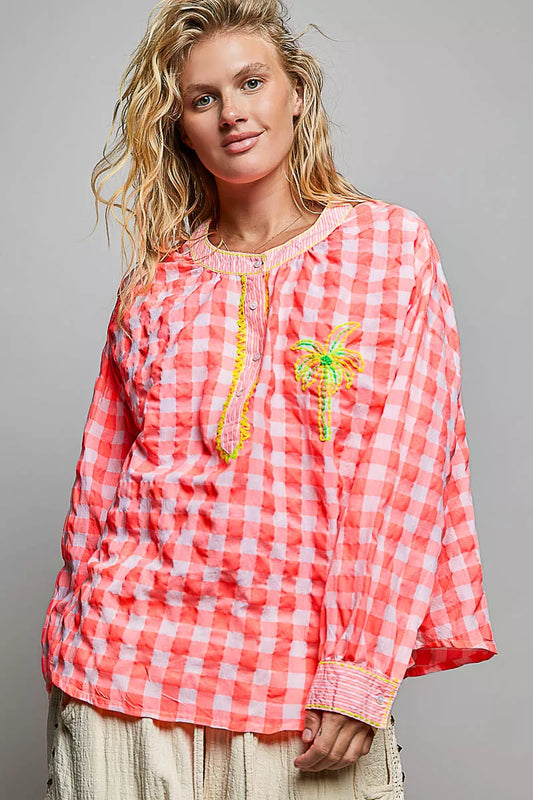 POL Gingham Embroidered Palm Tree Blouse
