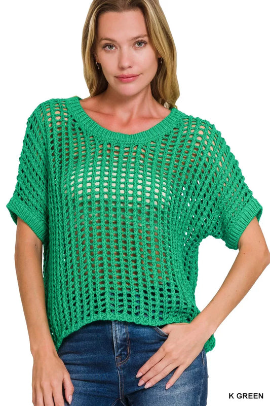 Zenana Fish Net Short Sleeve Crochet Knit Cover Up