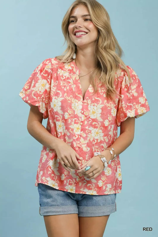 Umgee Floral Button-Front Short Sleeve Shirt