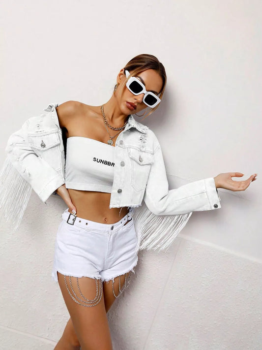 Fringed Cropped Denim Jacket