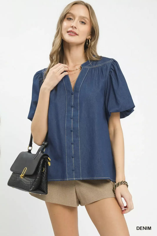 Umgee Denim Button Front Puff Sleeve Boho Blouse