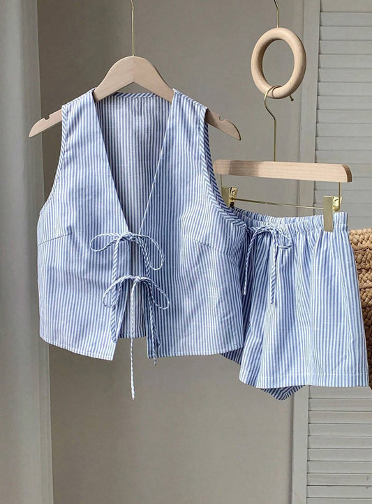 Striped Tie-Front Vest and Shorts Set