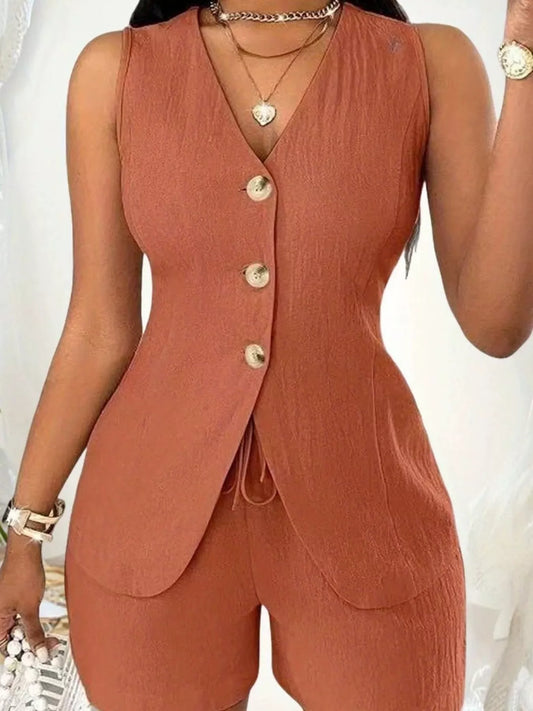 Sleeveless Button-Down Vest & Shorts Set