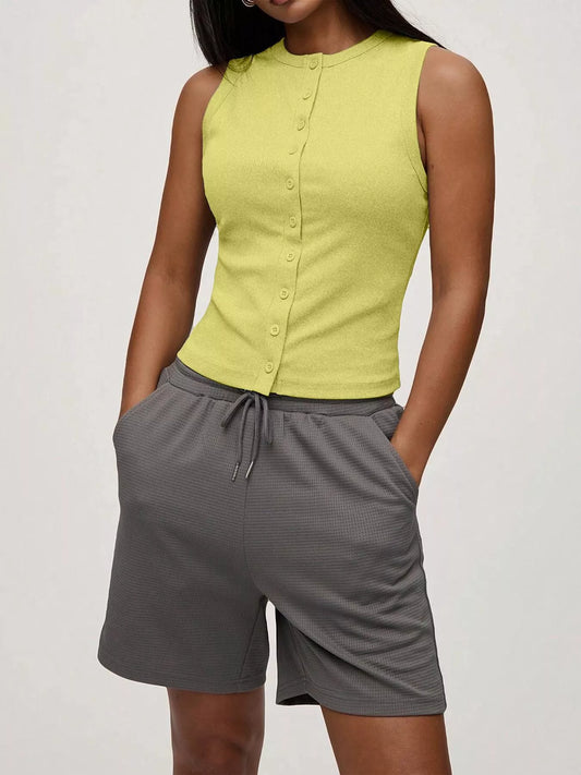 Ribbed Button-Front Sleeveless Tank