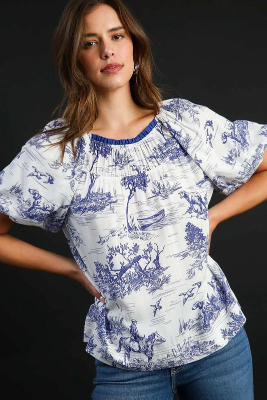 Umgee Full Size Two Tone Landscape Round Neck Print Top Plus Size