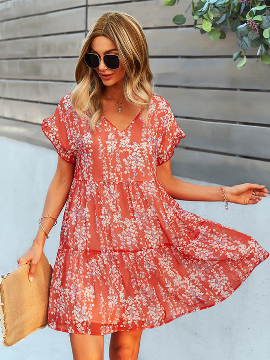 Floral Print V-Neck Ruffle Tiered Summer Mini Dress