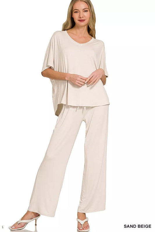 Zenana V-Neck Oversized Top & Pants Set