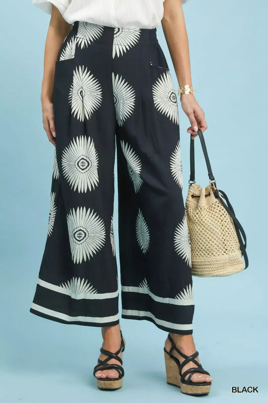 Umgee Abstract Border Print Wide Leg Pants