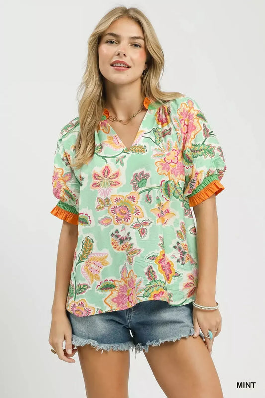 Umgee Floral Print Ruffled Short Sleeve Top