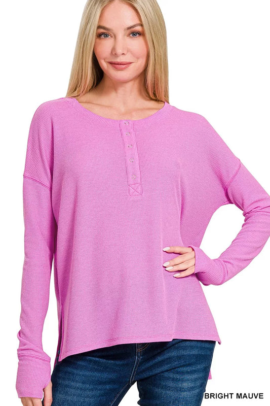 Zenana Waffle Thumb Hole Cuffs Henley Tee