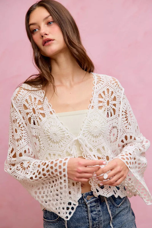 SO ME Floral Pattern Crochet Knit Tie Front Crop Cardigan