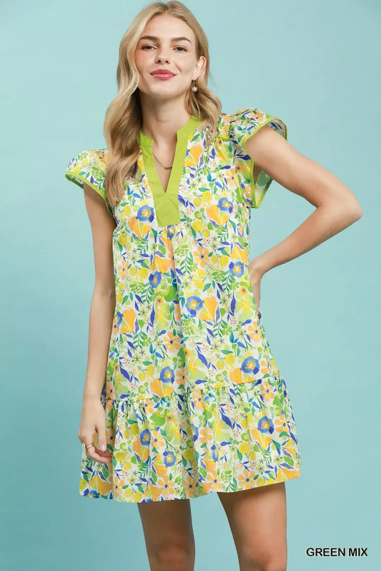 Umgee Floral Flutter Sleeve Tiered Mini Dress