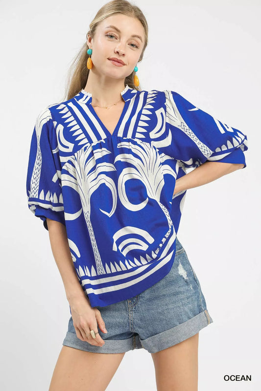 Umgee Folk Art Palm Print Puff Sleeve Blouse