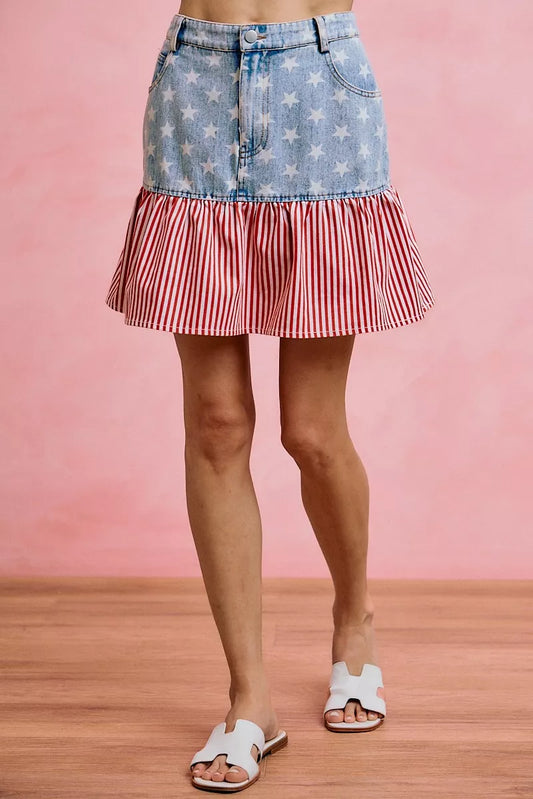 SO ME Stars And Stripes Fit And Flare Denim Mini Skirt