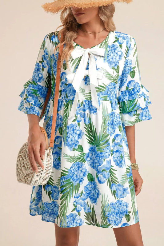 Palm Floral Print Contrast Ribbon Knot Ruffle Tiered Sleeve Mini Dress