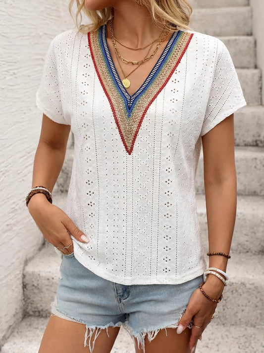 Eyelet V-Neck Short Sleeve Top