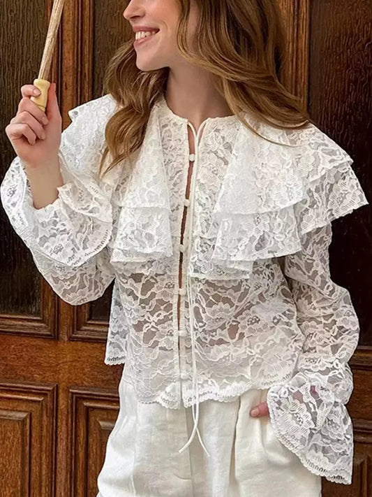 Ruffled Lace Flounce Sleeve Blouse