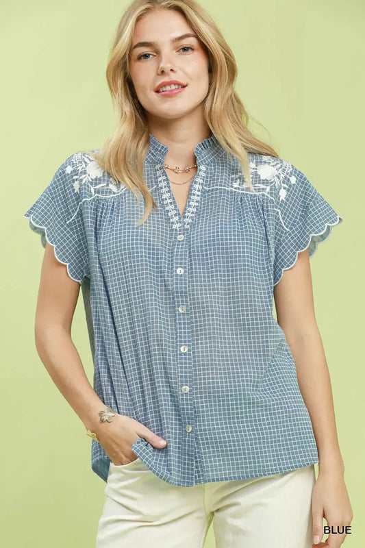Umgee Embroidered Print Scallop Sleeve Button Front Blouse