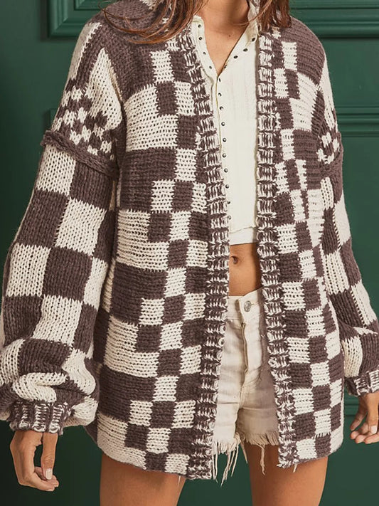Checkerboard Pattern Sweater Cardigan
