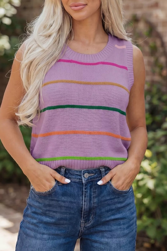 Stripe Round Neck Knitted Sweater Tank