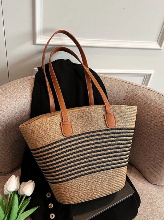 Striped Woven Straw Shoulder Bag