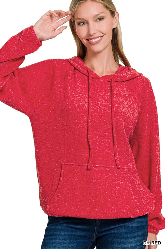 Zenana Brushed Hacci Melange Hooded Sweater