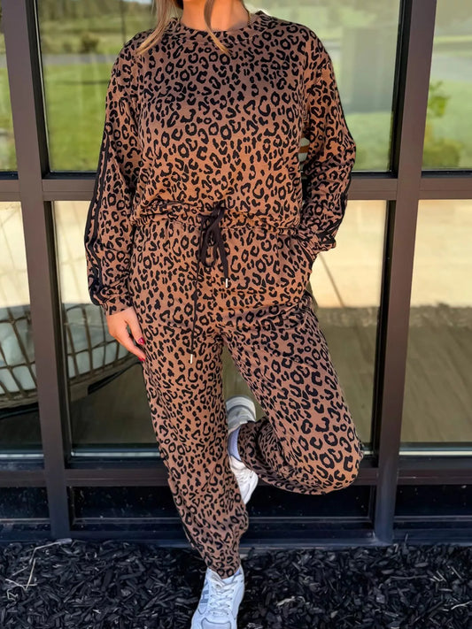 Striped Trim Leopard Long Sleeve Top Drawstring Pant Set